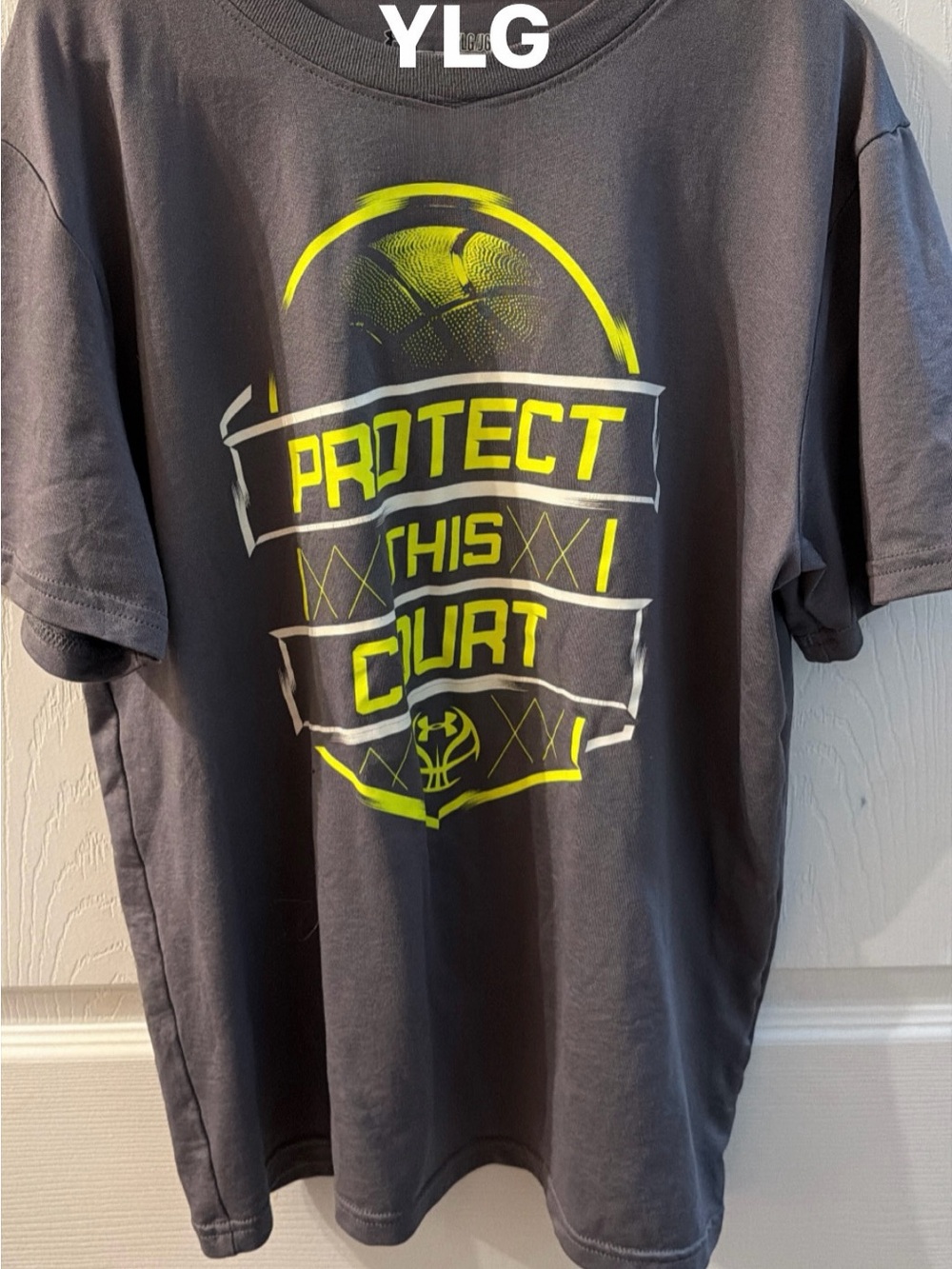 Under Armour Gray Tee with Neon Yellow & White Basketball Graphic